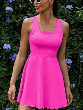 Scallop-Trim Mini Dress in Hot Pink